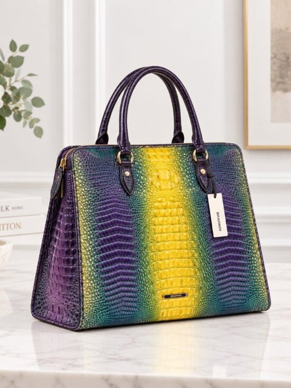 Brahmin Tia Viola Ombré Melbourne Tote Croc-Embossed Leather NWT